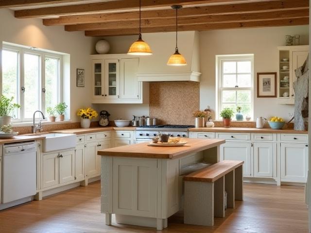 Landlig kjøkken med lyse skap og en stor trebord, et prosjekt av Kvitre Rom