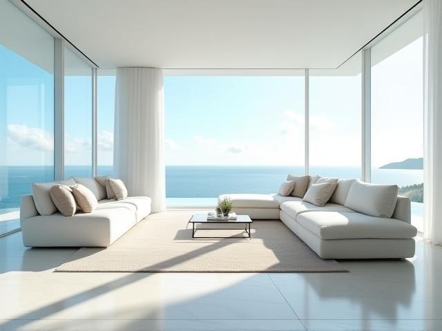 Lys og luftig stue med panoramautsikt og designmøbler, et prosjekt av Kvitre Rom